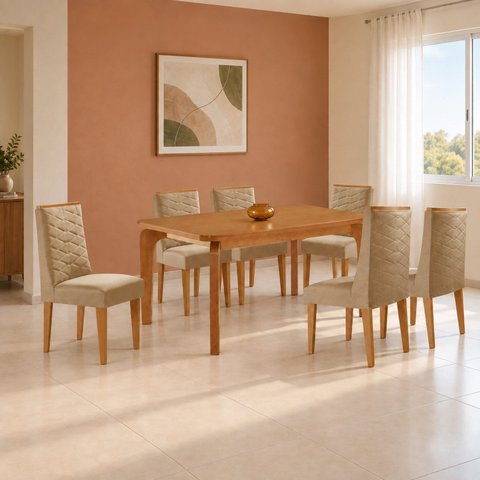 Conjunto de Mesa de Jantar Dublin 180 Tp MDF Laminado Canto Copo 6 Cadeiras Estela
