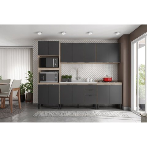 Cozinha Completa Modulada Firenze 05 Peças 14 Portas e 02 Gavetas Cinza/Avena Touch/Grafito