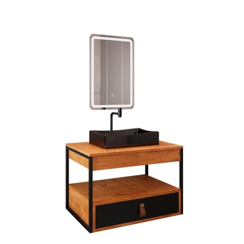 Gabinete Harley Cuba Torneira Espelho Retangular Led 50cm Nature/preto