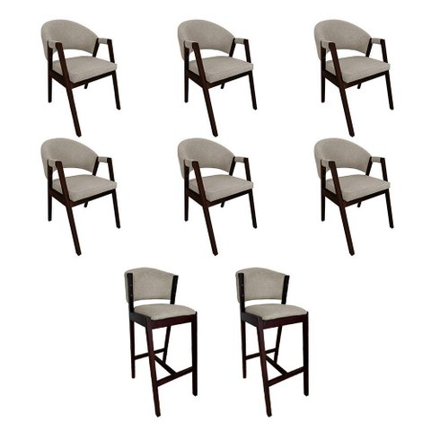 Kit 6 Cadeiras de Jantar Helen com 2 Banquetas Ana Madeira Maciça Castanho Premium Linho Bege