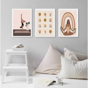 Kit 3 Quadros Decorativos Yoga- Posições 24x18cm:madeira Preta