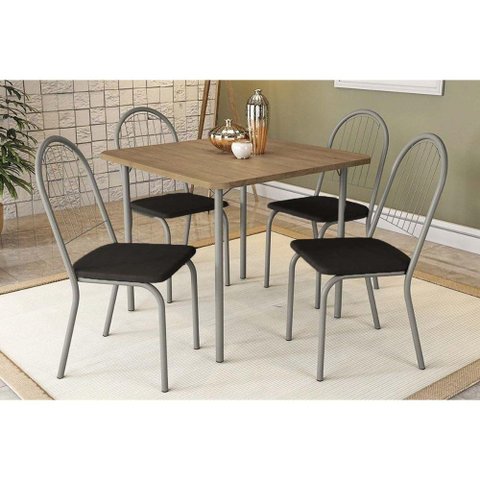 Sala de Jantar Completa Sena C/ Tampo Mairado 90x90cm e 4 Cairas Noruega Cromada - Assento Preto 110