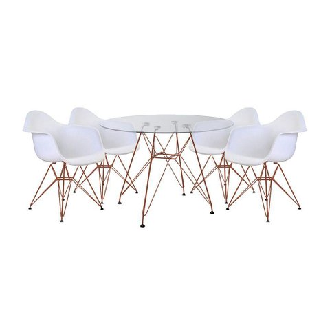 Conjunto Jantar Mesa Redonda Vidro 90cm com 4 Poltronas Brancas Ferro Cobre Branco