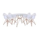 Ver imagem 1 de Conjunto Jantar Mesa Redonda Vidro 90cm com 4 Poltronas Brancas Ferro Cobre Branco