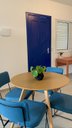 Ver imagem 3 de Conjunto Duas Cadeiras de Jantar Minimalista Roma Linho Azul Base Aço Preto - Ooca Móveis