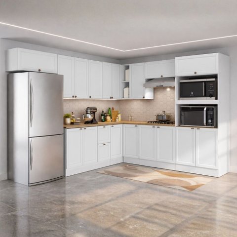 Cozinha Completa Modulada Americana 10 Peças com Paneleiro Torre Quente, Nichos e Balcão com Tampo U