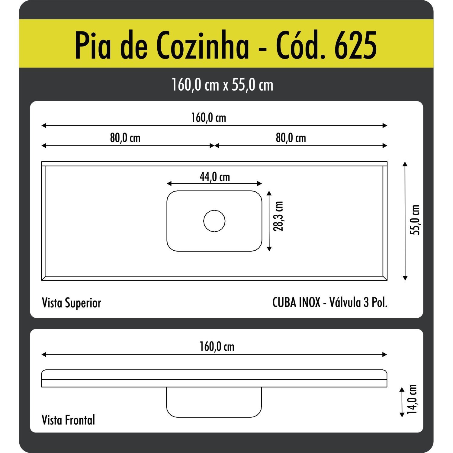 Cuba para Cozinha em Mármore Sintético com Cuba em Aço Inox 160cmx55cm AJ Rorato - 2