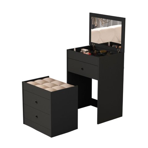 Penteadeira com Gavetas Espelho e Banqueta Branca Olivia Mdf:preto