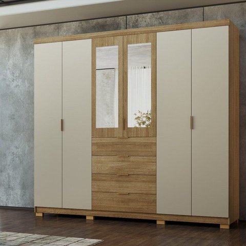 Guarda Roupa Casal 6 Portas 4 Gavetas com Espelho Dubai Marrom/Nature/Fendi