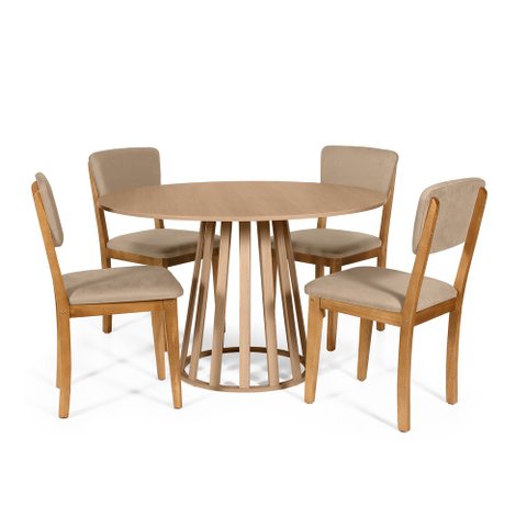 Mesa de Jantar Redonda Gabi Jade com 4 Cadeiras Estofadas Ella Bege