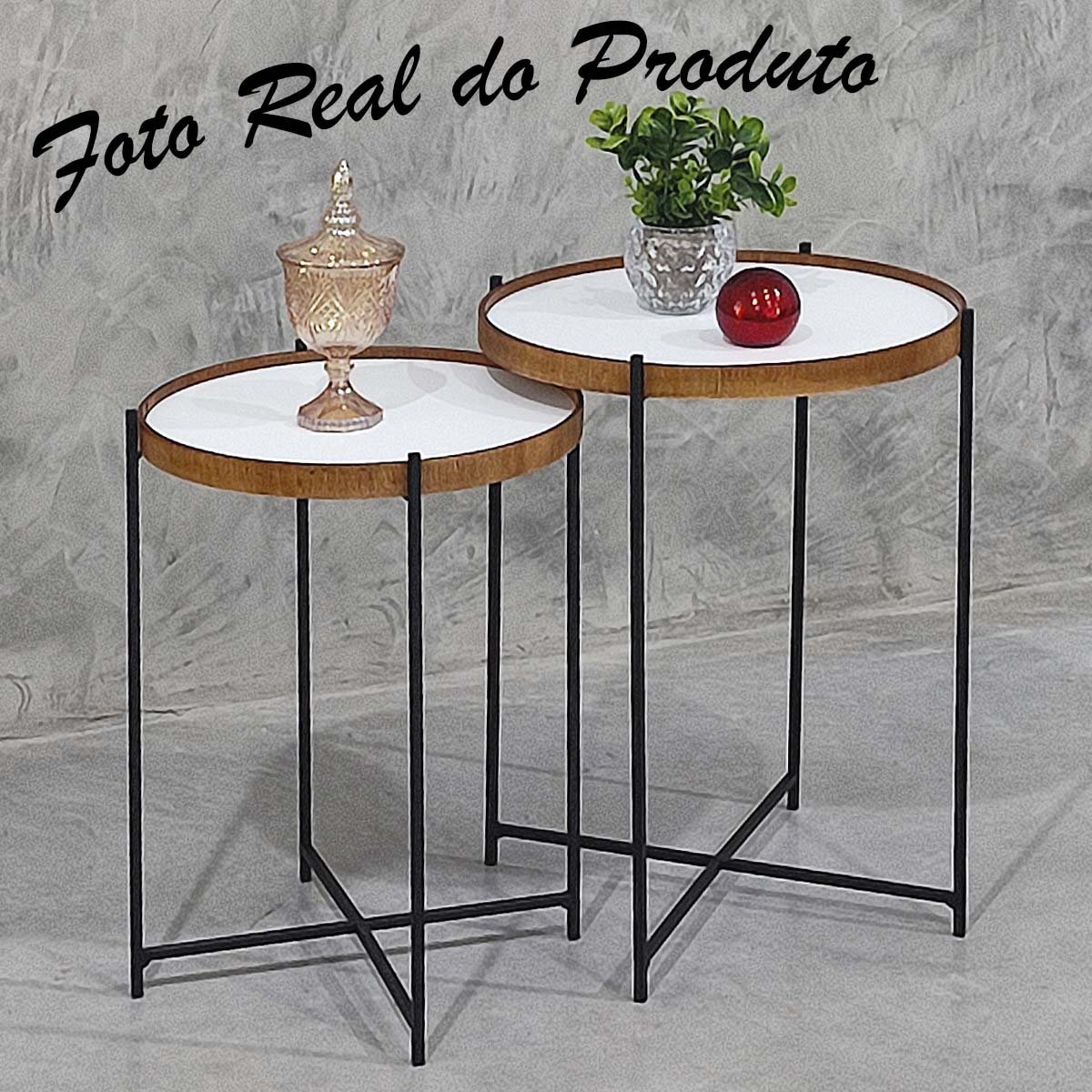 Conjunto Apoio Canto Sofá Mesa Lateral Sala Estar Redonda Pequena Rustico Recepção Madecor Mesa Late - 5