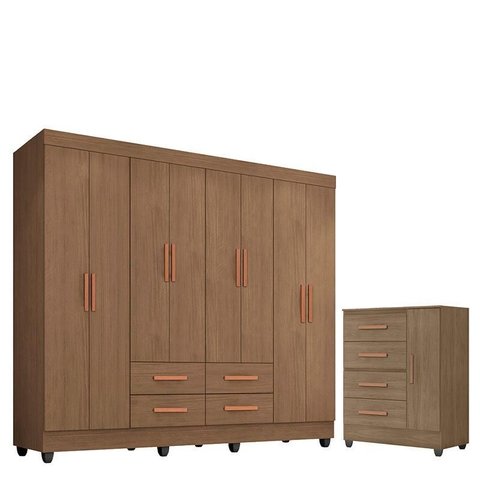 Guarda Roupa Casal Porto com Cômoda Lite 4 Gavetas 1 Porta Carvalho Oak – Móveis Leão