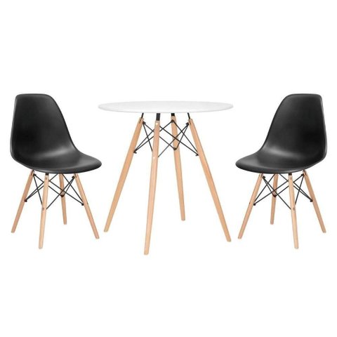 Mesa Redonda Eames 70 Cm + 2 Cadeiras Eiffel Dsw Mesa Branca com Cadeiras Pretas