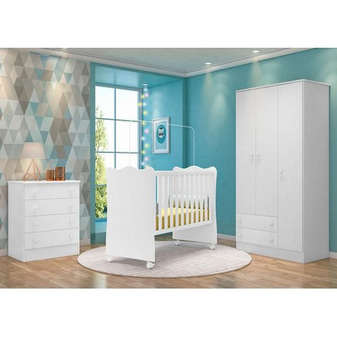 Quarto Infantil Lua Encantada Berço, Guarda Roupa e Comoda Branco