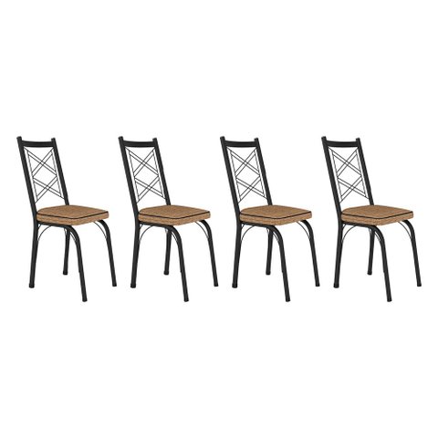 Kit 4 Cadeiras de Cozinha Delaware Estampado Rattan Bege Pés de Ferro Preto - Pallazio