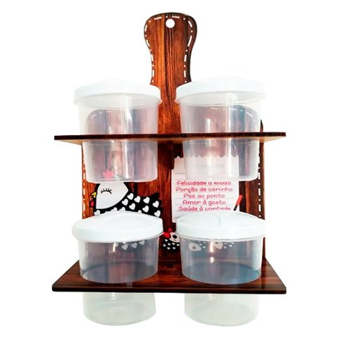 Porta Temperos Em Madeira Parede Decor 4 Potes - Chicken