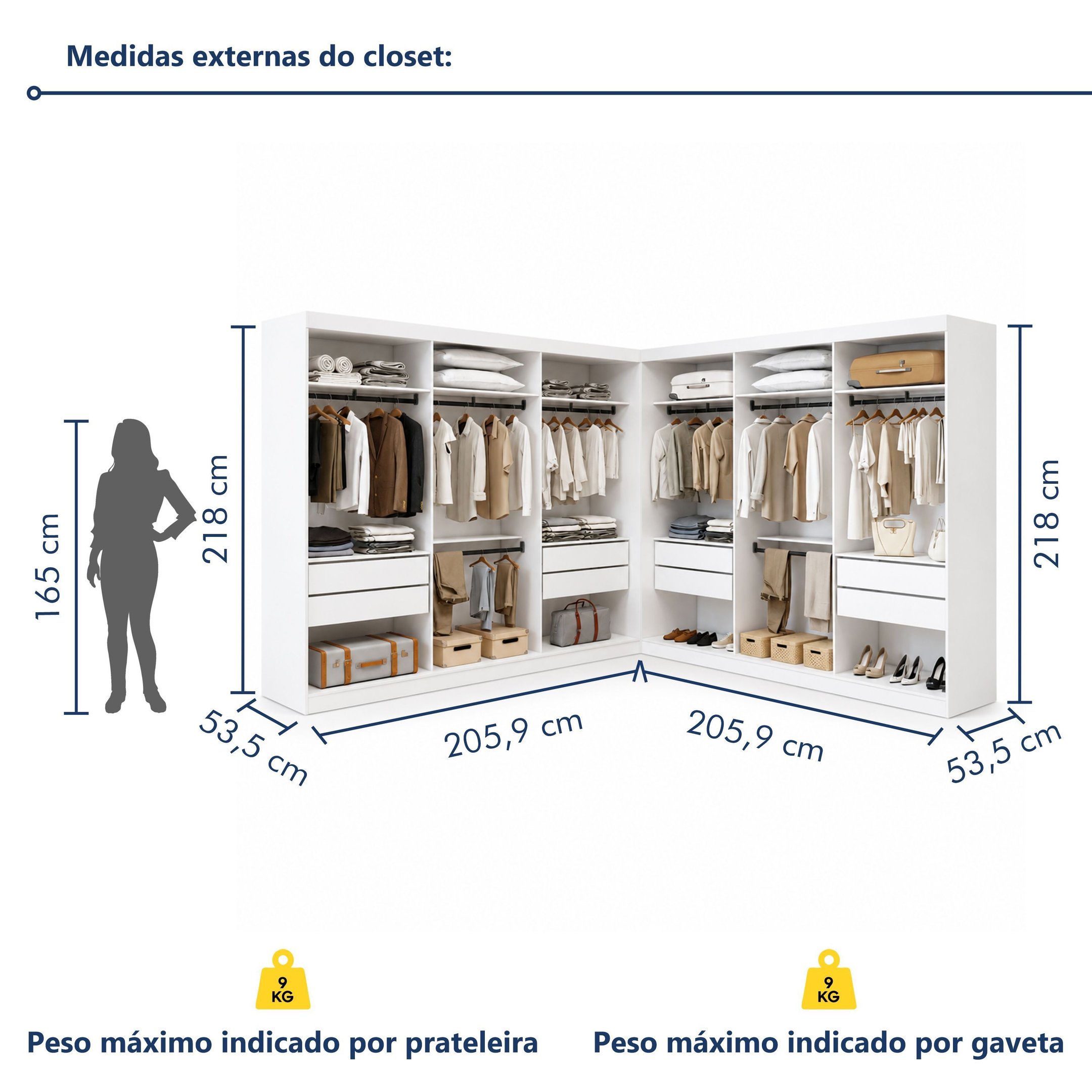 Closet Casal sem Portas 8 Gavetas Paris Duo Premium Yescasa Branco