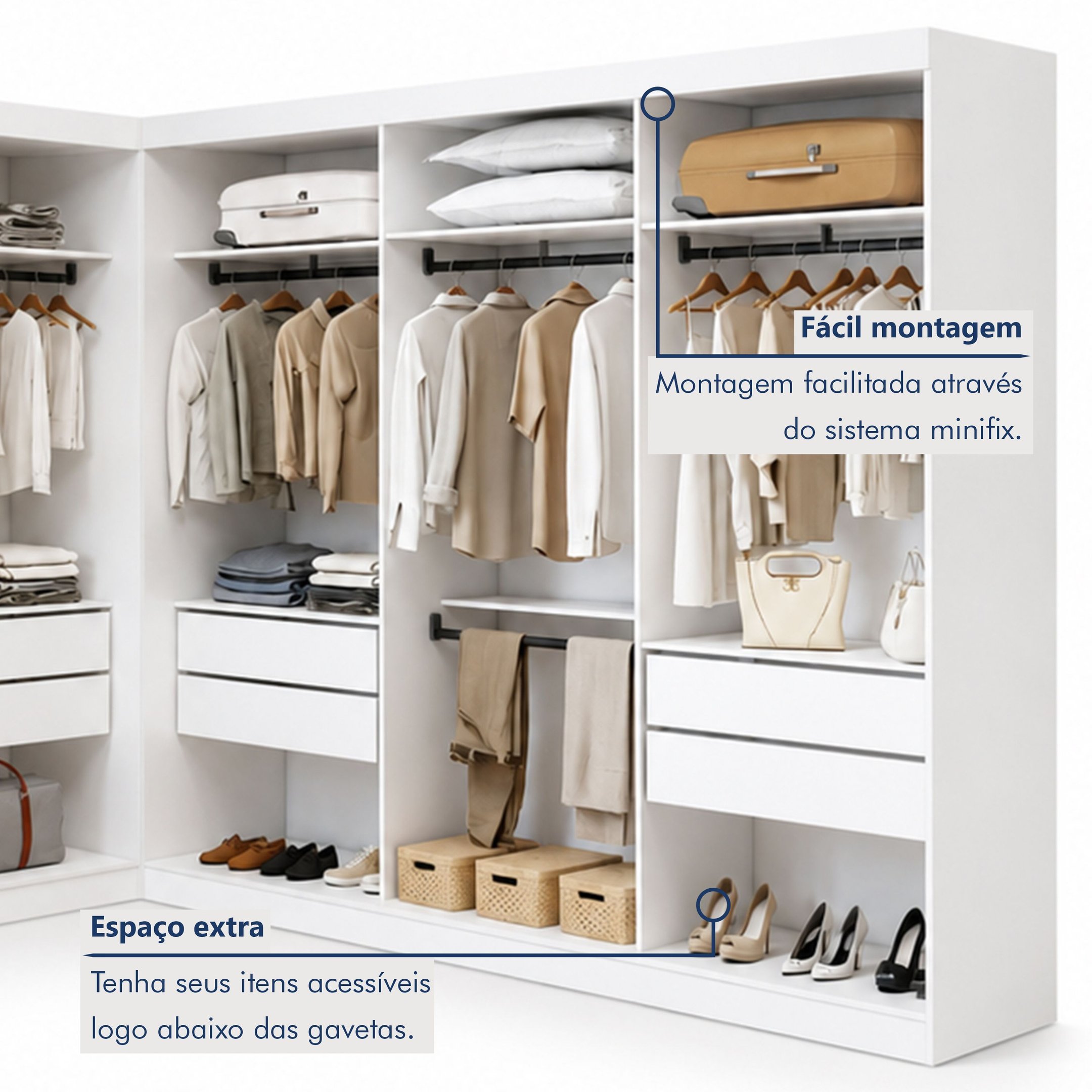 Closet Casal sem Portas 8 Gavetas Paris Duo Premium Yescasa Branco