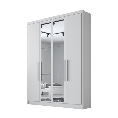 Guarda Roupa Solteiro com Espelho 4 Portas 3 Gavetas - Moderni -Branco - Móveis Novo Horizonte