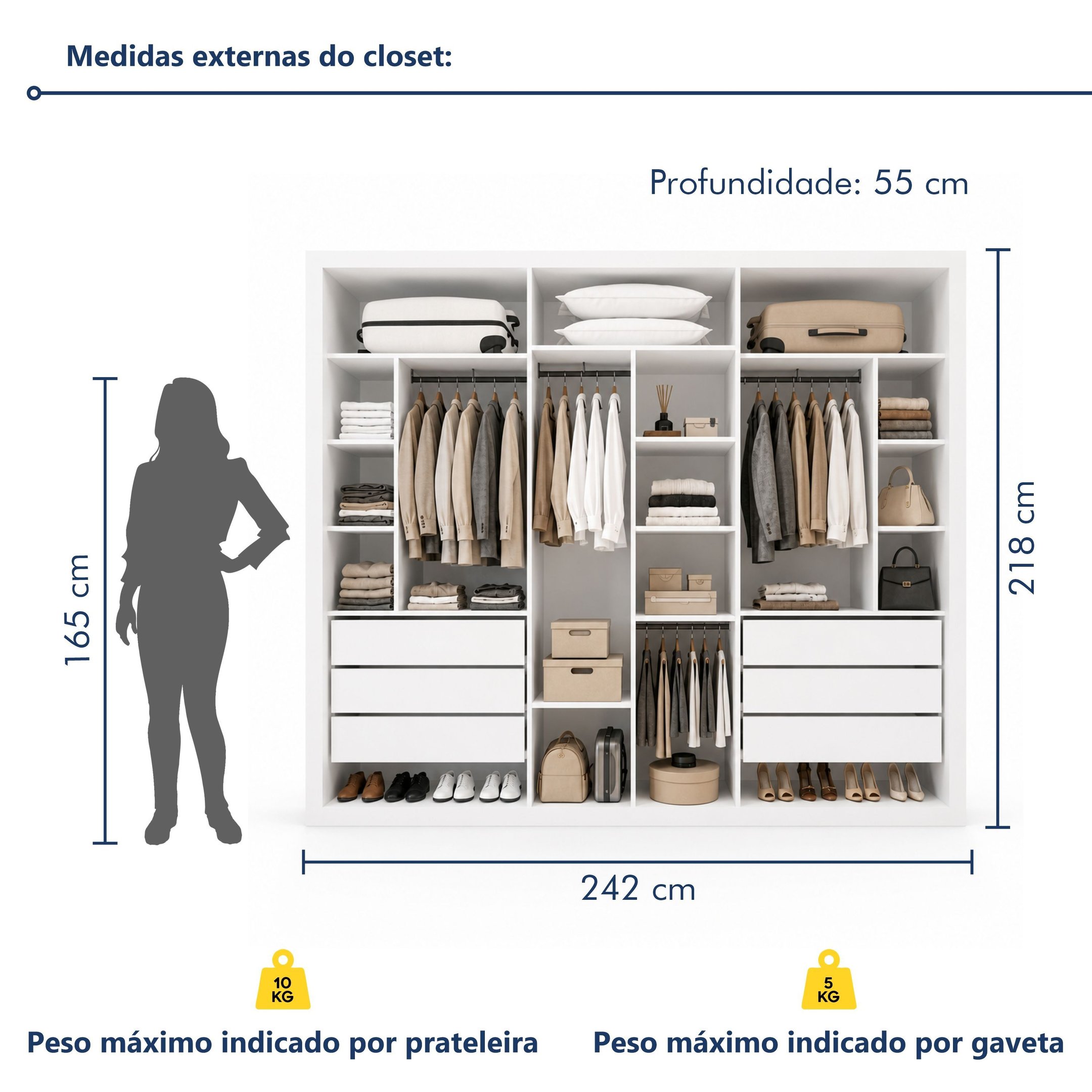 Módulo Closet Casal sem Portas 6 Gavetas Itália Yescasa Branco