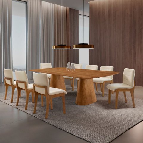 Sala de Jantar Mesa Noronha 220cm Tampo Laminado Barril com 8 Cadeiras Bella