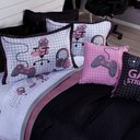 Ver imagem 6 de Kit Cobre Leito Colcha Casal Padrão Game Streamer Rosê Dupla Face com Almofadas Estampadas 07 Peç