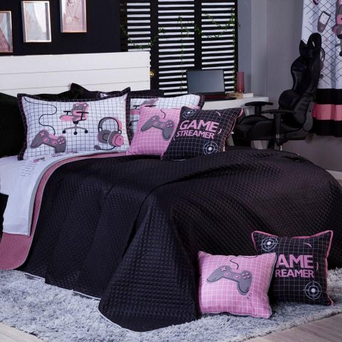 Kit Cobre Leito Colcha Casal Padrão Game Streamer Rosê Dupla Face com Almofadas Estampadas 07 Peç