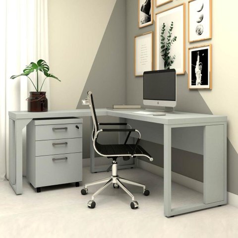 Mesa de Escritório em L Linha Industrial com Gaveteiro F5 Cor:cinza Claro