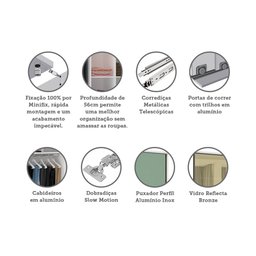 Guarda Roupa 2 Portas de Correr 3 Gavetas 159cm com Vidro Reflecta Bronze Prime Luciane Móveis - 3