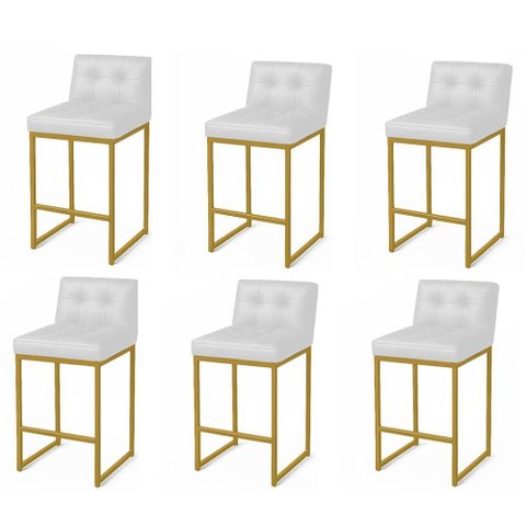 Banqueta Cozinha Alta com Encosto Industrial Kit 6 Dourado Lirina Pu C05 - D'rossi