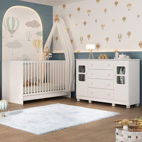 Berço 3 em 1 para Colchão 130x60cm com Cômoda 2 Portas 4 Gavetas Sol Multimóveis Mp4748 Branco