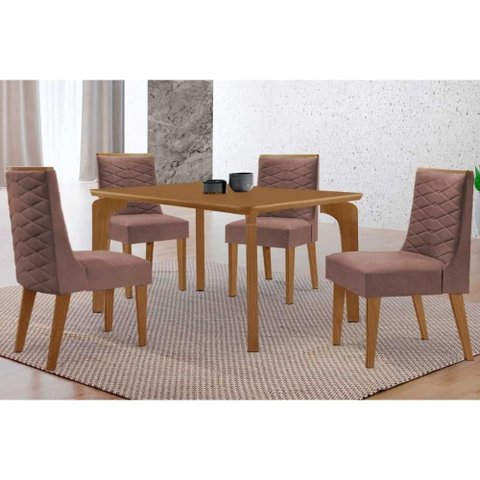 Sala de Jantar Completa Londrina C/ Tampo Madeirado Canto Curvo 120x80cm e 4 Cadeiras Dafne Naturale