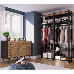 Guarda Roupa Aberto Closet 2 Cabideiros com Cômoda 6 Gavetas Wood - 1 Guarda Roupa Aberto Closet 2 Cabideiros com Cômoda 6 Gavetas Wood - 1