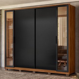 Guarda Roupa Casal Laredo 4 Portas Flex Nogueira/preto Prime com Vidro Reflecta e Pés - Demartêz - 2