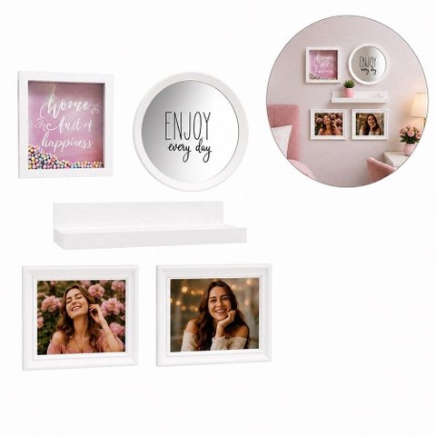 Kit Decoração de Parede 5 Peças Prateleira Espelho Quadro