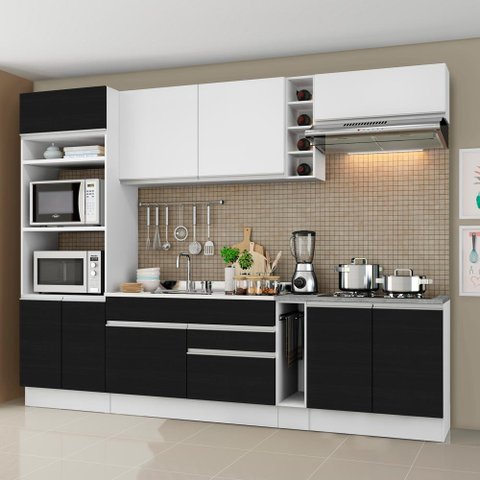 Armário de Cozinha Completa 290cm Branco/Preto/Branco Vicenza Madesa 07