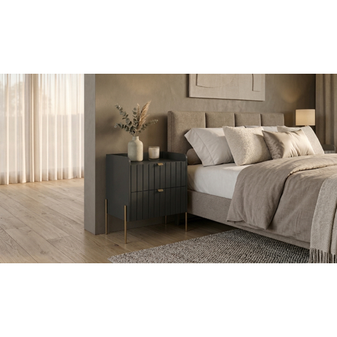 Mesa Cabeceira Retro Industrial Moriah 60cm Gavetas Laqueadas Grafite Preto com Dourado