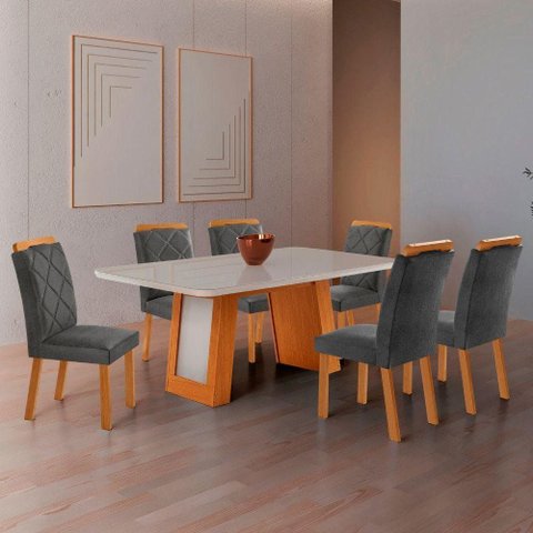 Conjunto de Jantar Carolina 6 Lugares Tampo MDF com Vidro e Cadeiras Melissa Linho Grafite 180cm