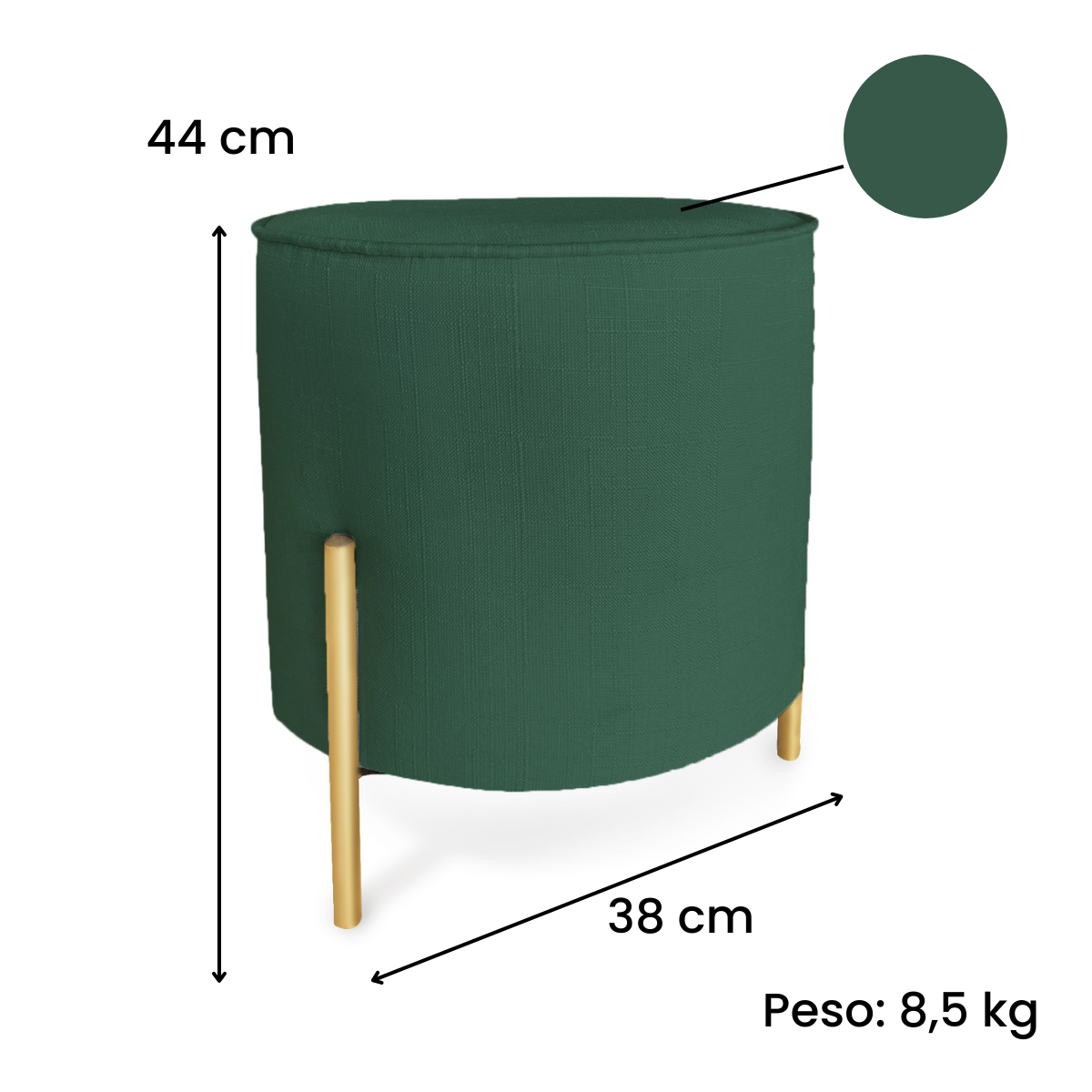 Puff Redondo Decorativo Suede com Pé de Metal Epóxi Dourado - verde musgo - 2