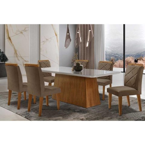 Sala de Jantar Completa Luna Tampo Madeirado C/ Vidro Curvo 180x90 e 6 Cadeiras Melissa Imbuia -
