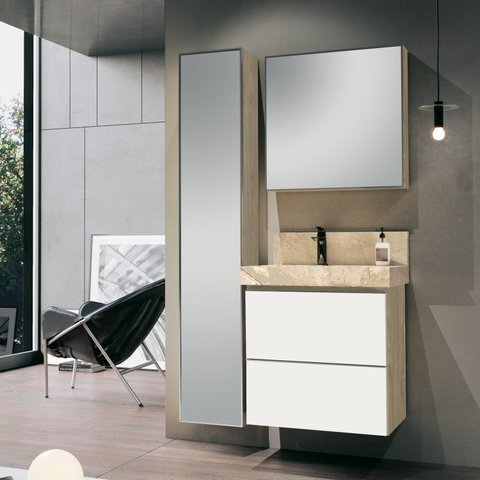 Conjunto para Banheiro com Espelheira, Gabinete, Lavatório com Cuba Esculpida, Armário Vertical 