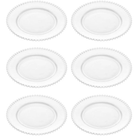 Kit 6 Pratos Rasos de Cristal Pearl Wolff 28cm Redondo Borda Bolinhas Refeição