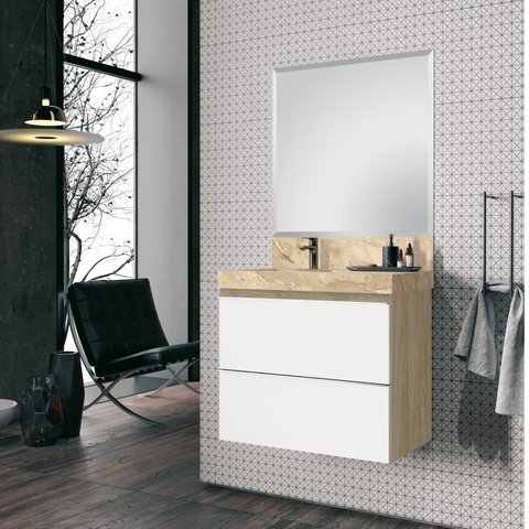 Conjunto para Banheiro com Espelho, Gabinete e Lavatório em Porcelanato com Cuba Esculpida 80cm 