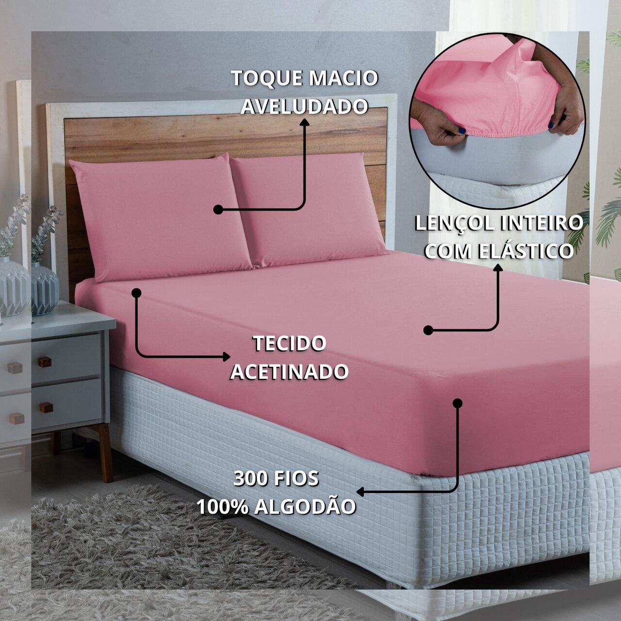 Jogo de Cama Lençol King Size 300 Fios Algodão 4 Peças Conjunto com Elástico e Fronhas:rose - 5