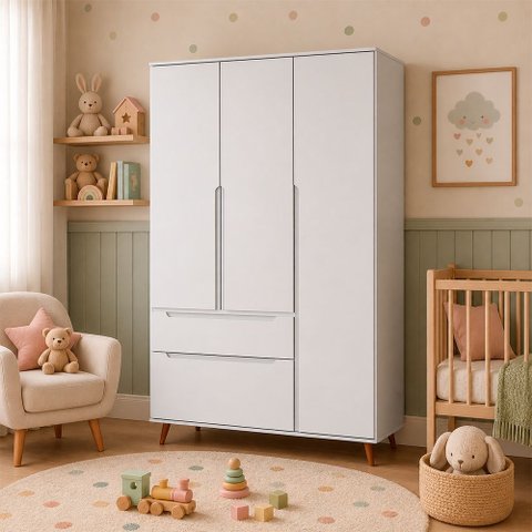 Guarda Roupa Roupeiro Infantil Melinda 3 Pts 2 Gav Quarto de Bebê Retrô 100% MDF Branco Phoenix