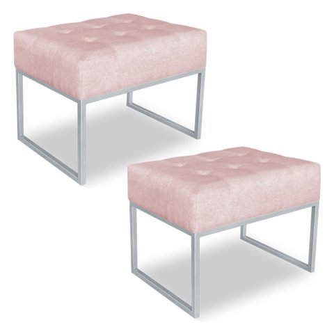 Kit 02 Puffs Lisa Suede Rosa Bebê Base Metálica Industrial Prata - Pallazio