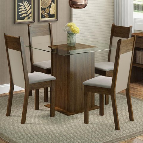 Conjunto Sala de Jantar Madesa Dallas Mesa Tampo de Vidro 4 Cadeiras - Rustic/crema/sintético Bege