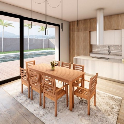 Conjunto Mesa com 8 Cadeiras Empilháveis Madeira Maciça 