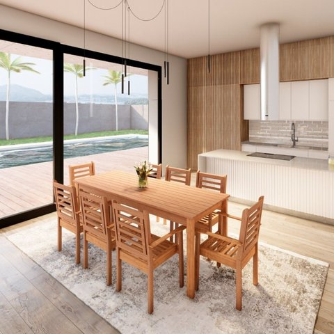 Conjunto Mesa com 8 Cadeiras Empilháveis Madeira Maciça 