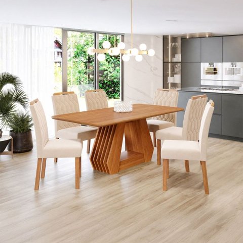 Sala de Jantar 6 Lugares 180 cm Vittória Cadeiras Madeira Maciça Cinamomo/Nude - Panorama Móveis